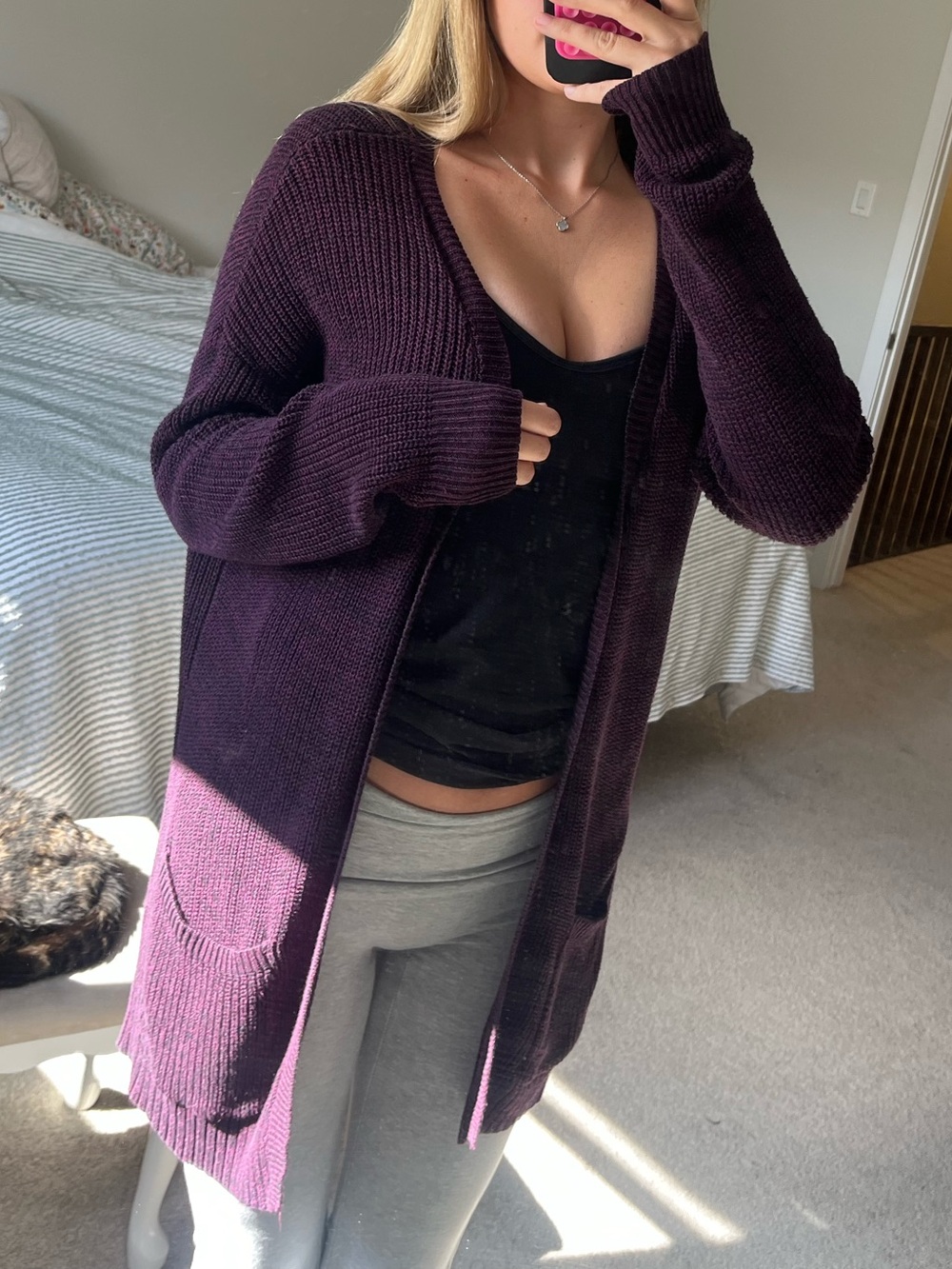 Garage Long Open-Front Cardigan Sweater in Deep Plum
